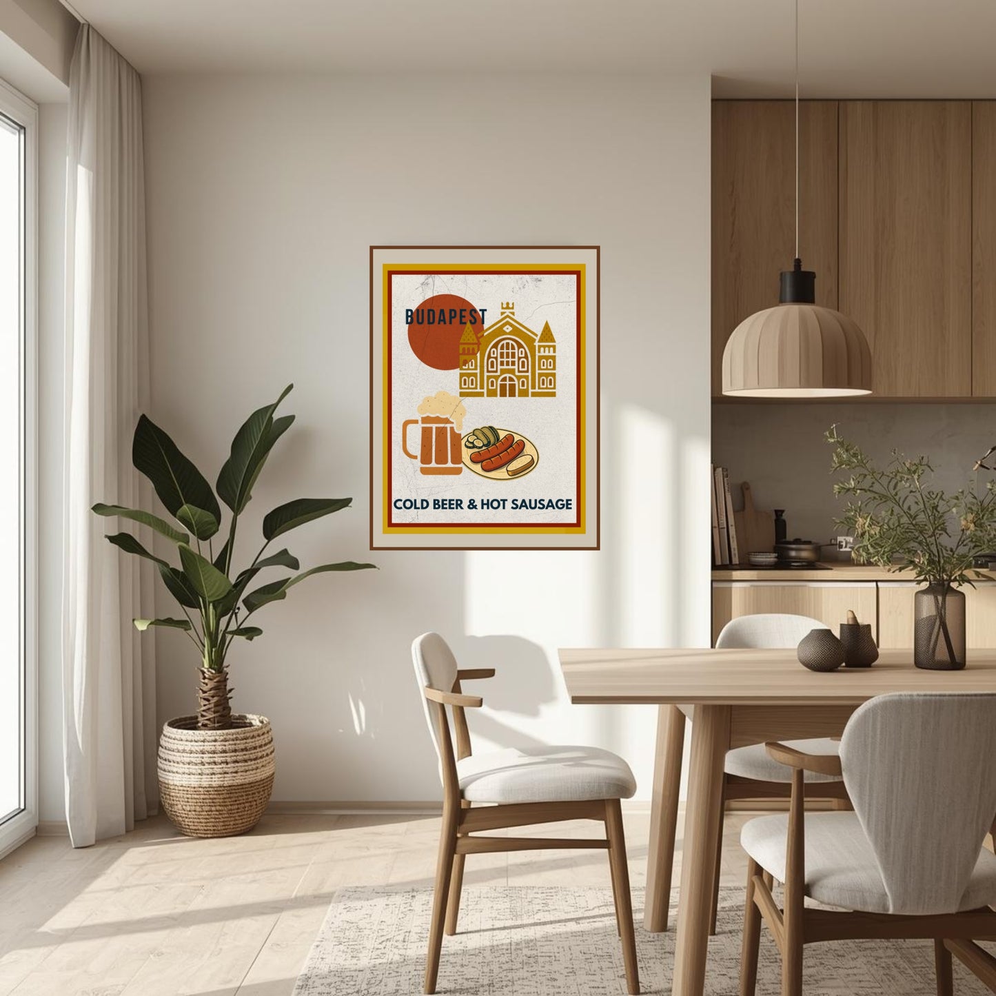 Framed Budapest Urban Gastro wall art with cold beer and hot sausage theme hanging in a modern, bright home kitchen and dining area with neutral tones.