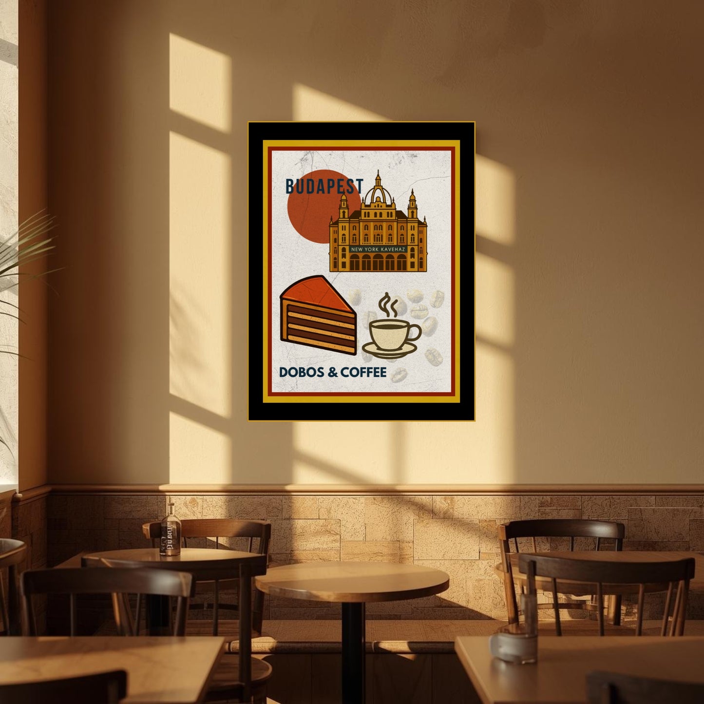 Framed Budapest Dobos & Coffee poster displayed on a café wall, surrounded by warm sunlight, wooden tables, and a cozy bistro interior.
