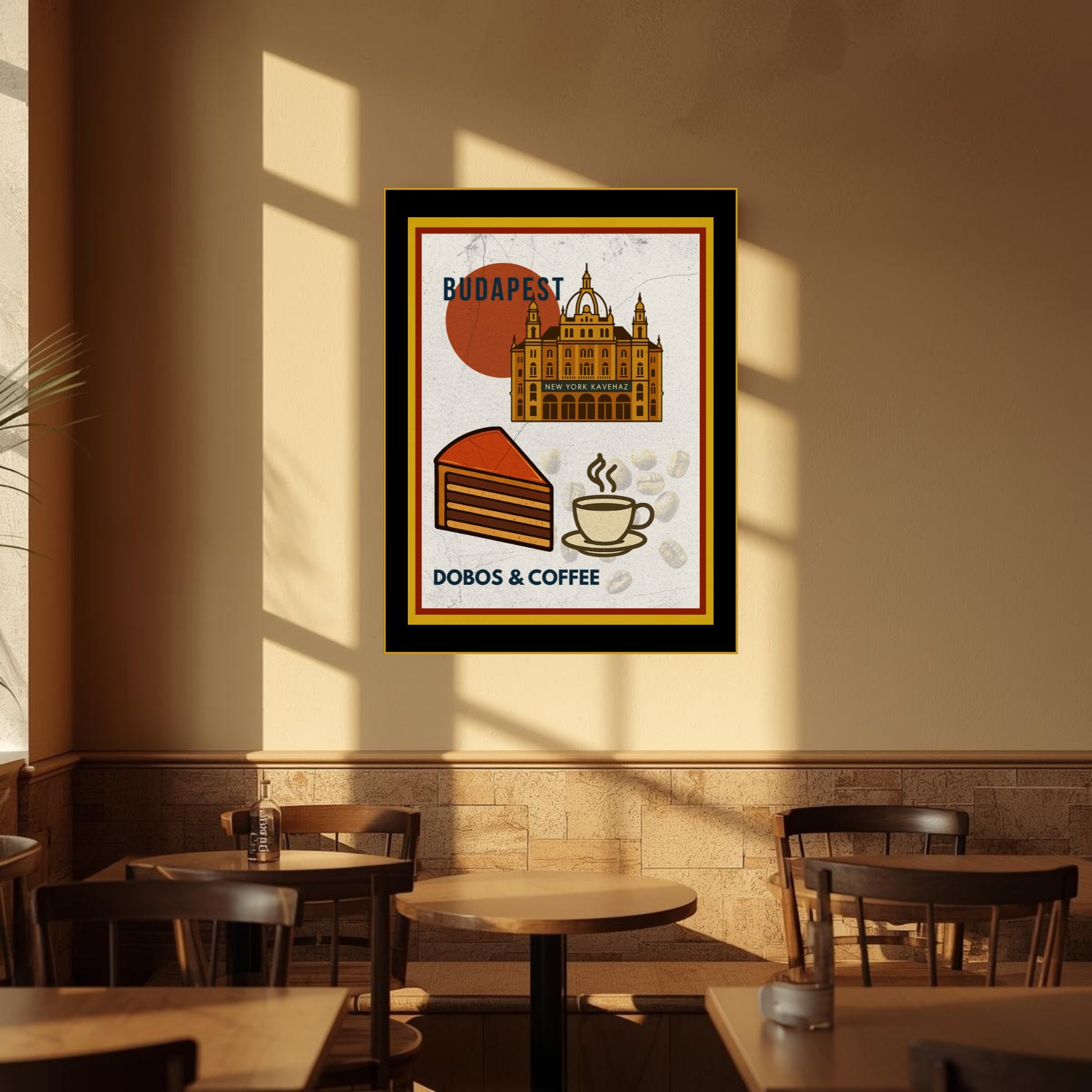 Framed Budapest Dobos & Coffee poster displayed on a café wall, surrounded by warm sunlight, wooden tables, and a cozy bistro interior.
