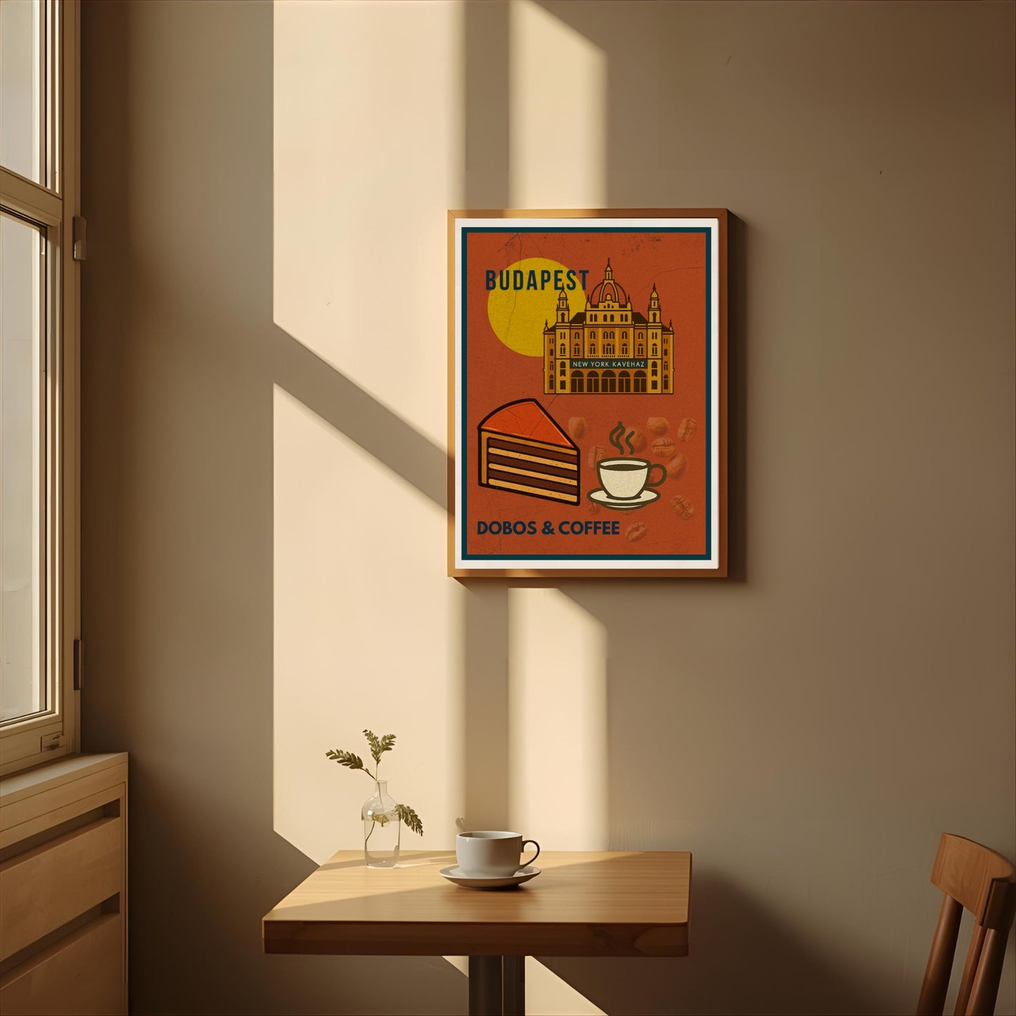 Vintage Budapest wall art poster displayed in a cozy café interior with warm sunlight, featuring the New York Café, Dobos cake, and a cup of coffee.