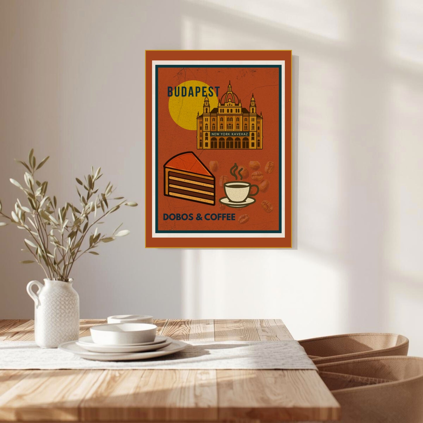 Budapest Dobos & Coffee vintage poster hanging on a bright dining room wall, adding a warm, elegant café-inspired atmosphere to a modern home.