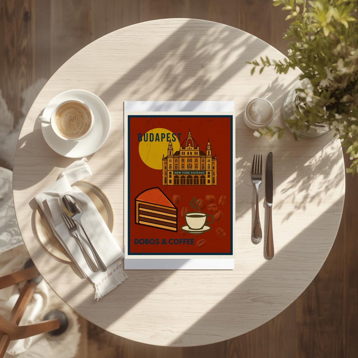 Budapest “Dobos & Coffee” art poster shown in a bright flatlay scene on a light wooden table, styled with coffee, tableware, and soft natural sunlight.
