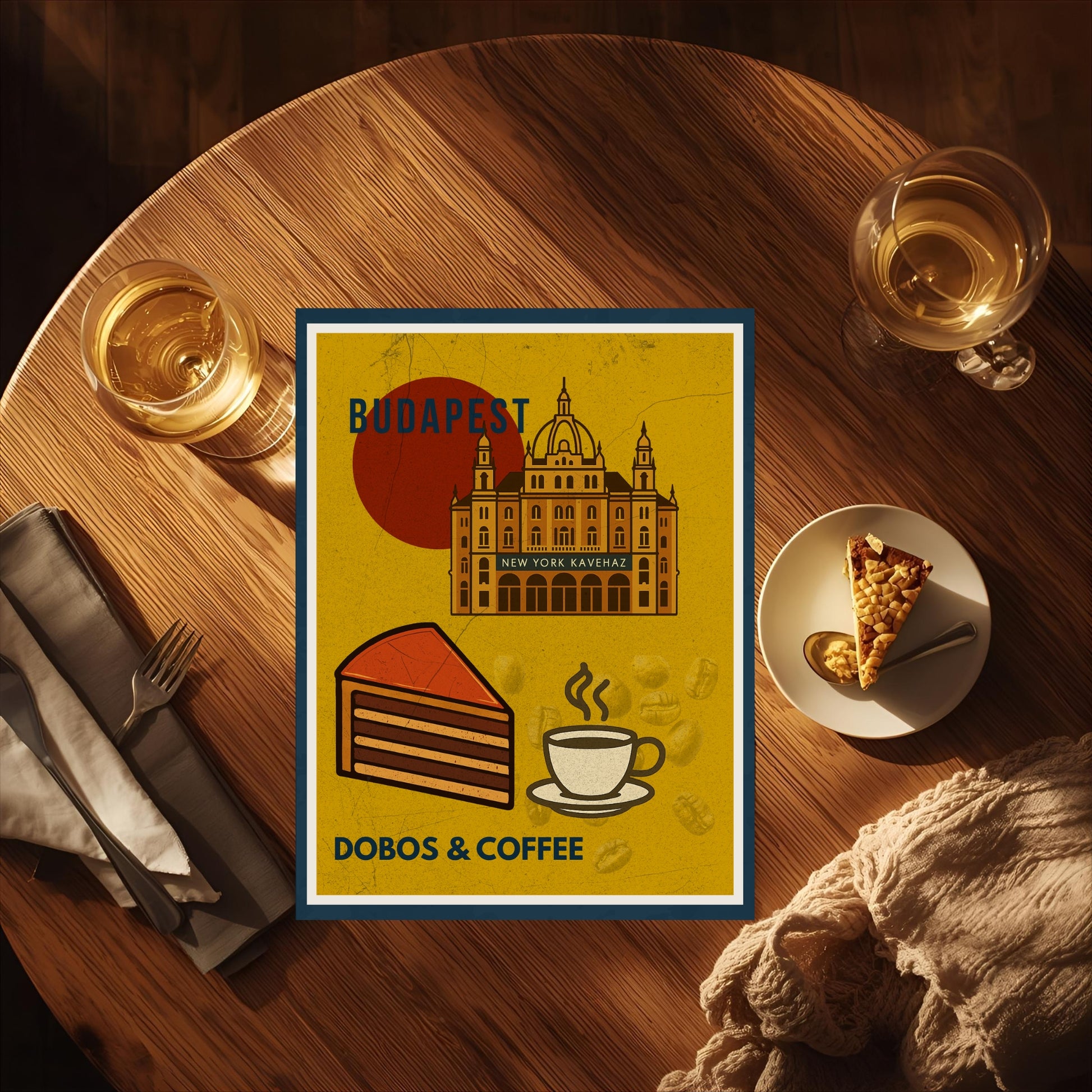 Dobos & Coffee Budapest art print shown in a flat lay setting on a wooden table, highlighting the illustrated New York Café, Dobos cake and coffee theme.