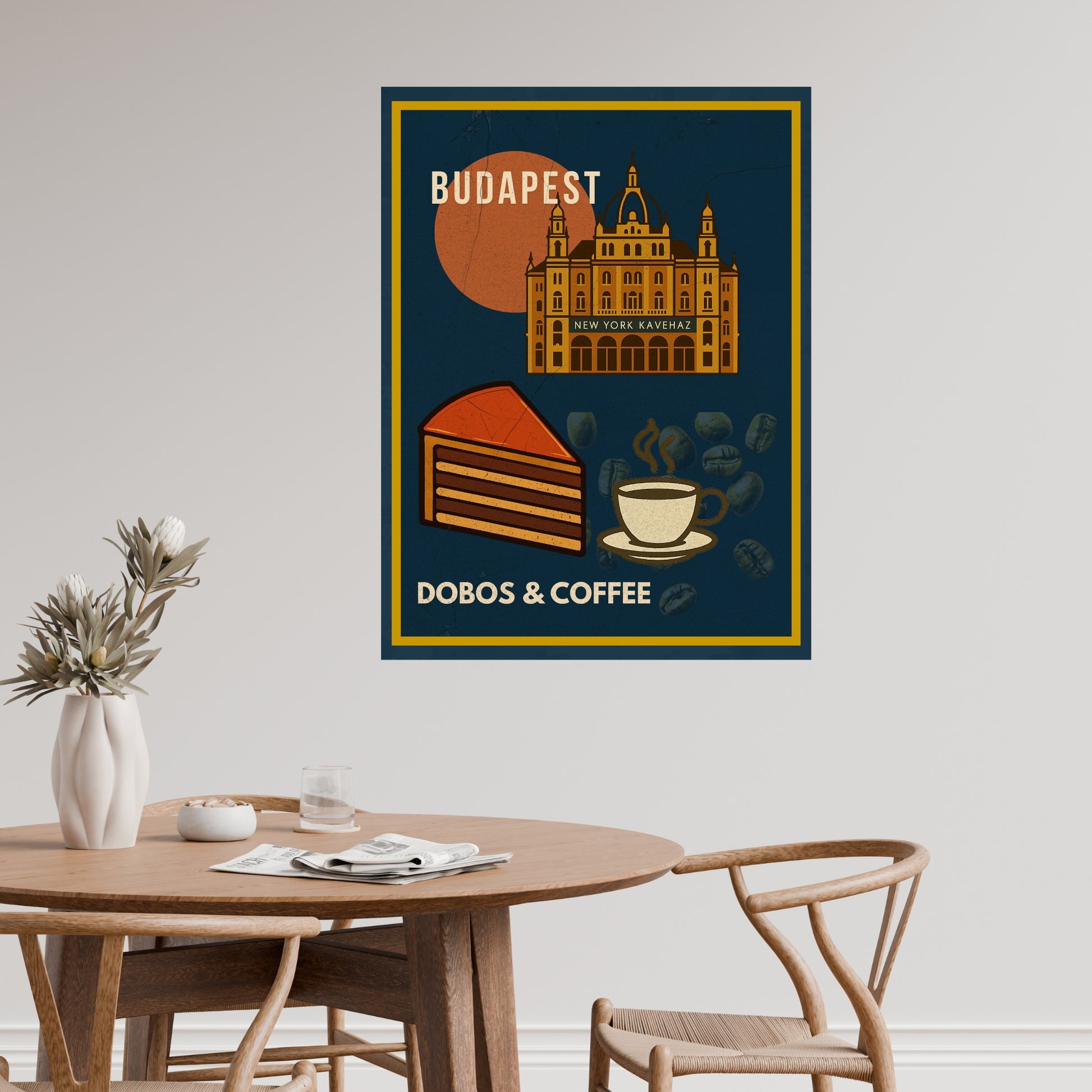 Dobos & Coffee Budapest poster in cozy dining room interior, Hungarian gastro illustration inspired by café culture, coffee and traditional Dobos cake