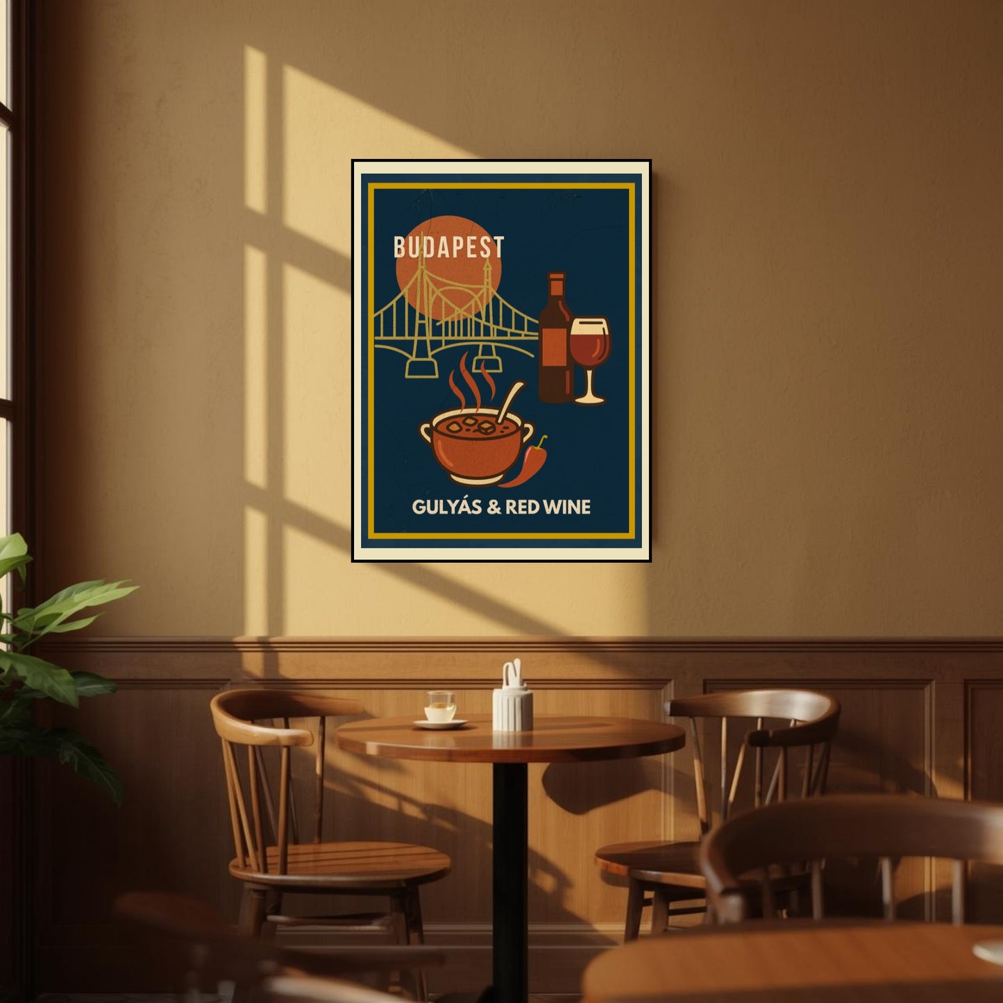 Framed “Gulyás & Red Wine” Budapest poster displayed on a café wall, featuring Hungarian goulash, red wine, and the iconic Liberty Bridge in a warm, cozy interior.