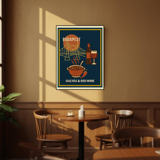 Framed “Gulyás & Red Wine” Budapest poster displayed on a café wall, featuring Hungarian goulash, red wine, and the iconic Liberty Bridge in a warm, cozy interior.