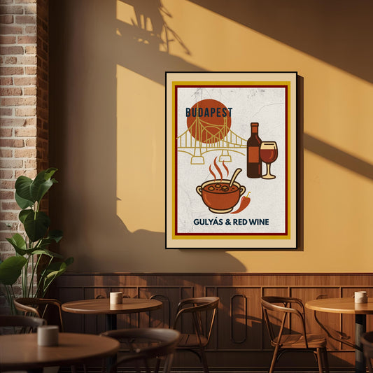 Framed Budapest wall art poster featuring Hungarian goulash and red wine, displayed on a café wall in warm afternoon light, evoking urban gastro culture and relaxed dining.