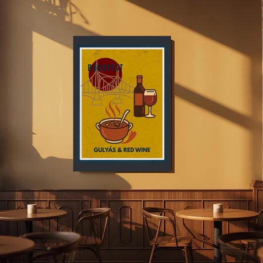Framed Budapest wall art poster featuring Hungarian goulash and red wine, displayed on a café wall in warm afternoon light, evoking urban gastro culture and slow living.