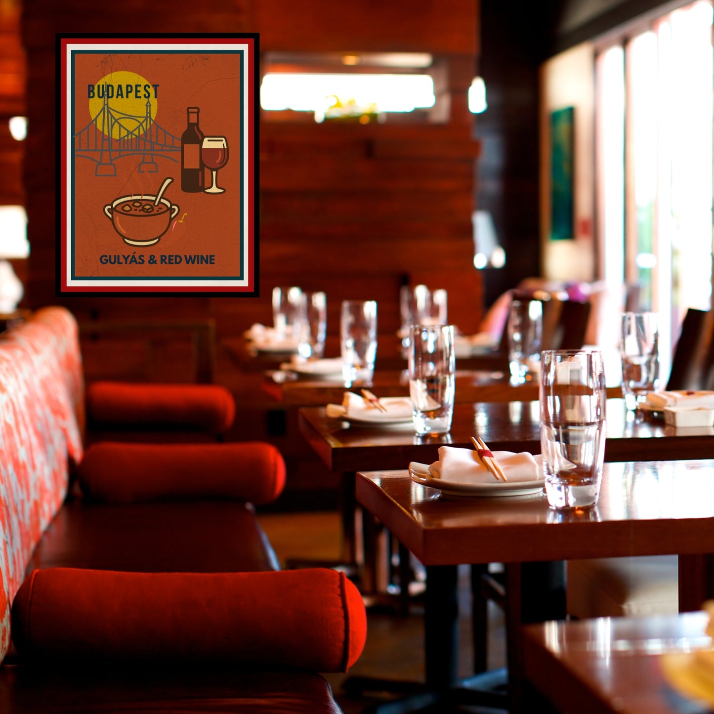 Framed Budapest wall art poster featuring Hungarian goulash and red wine, displayed in a warm, intimate restaurant interior with wooden tables and soft ambient lighting.