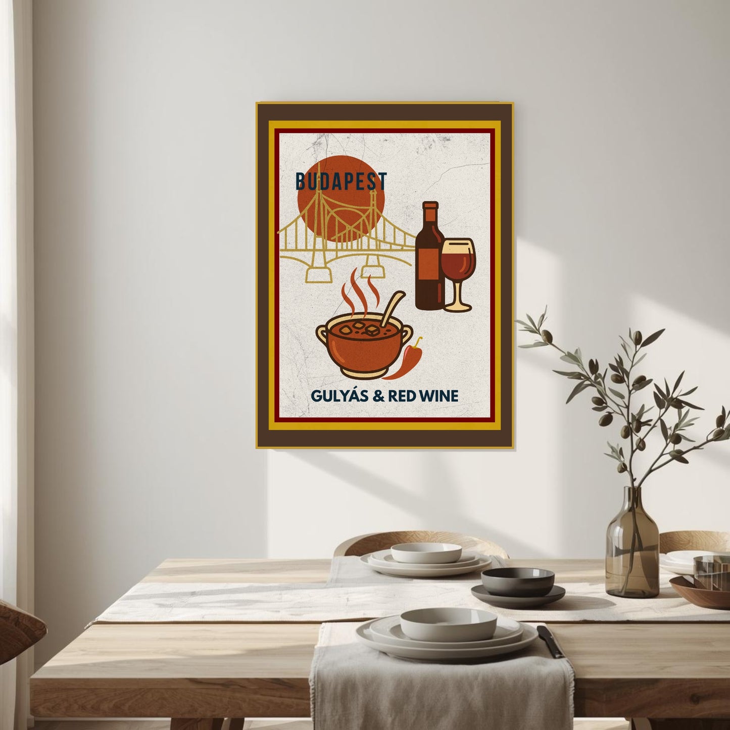 Budapest-inspired kitchen wall art poster with goulash and red wine illustration, shown in a bright, modern dining room setting with natural light and minimalist decor.