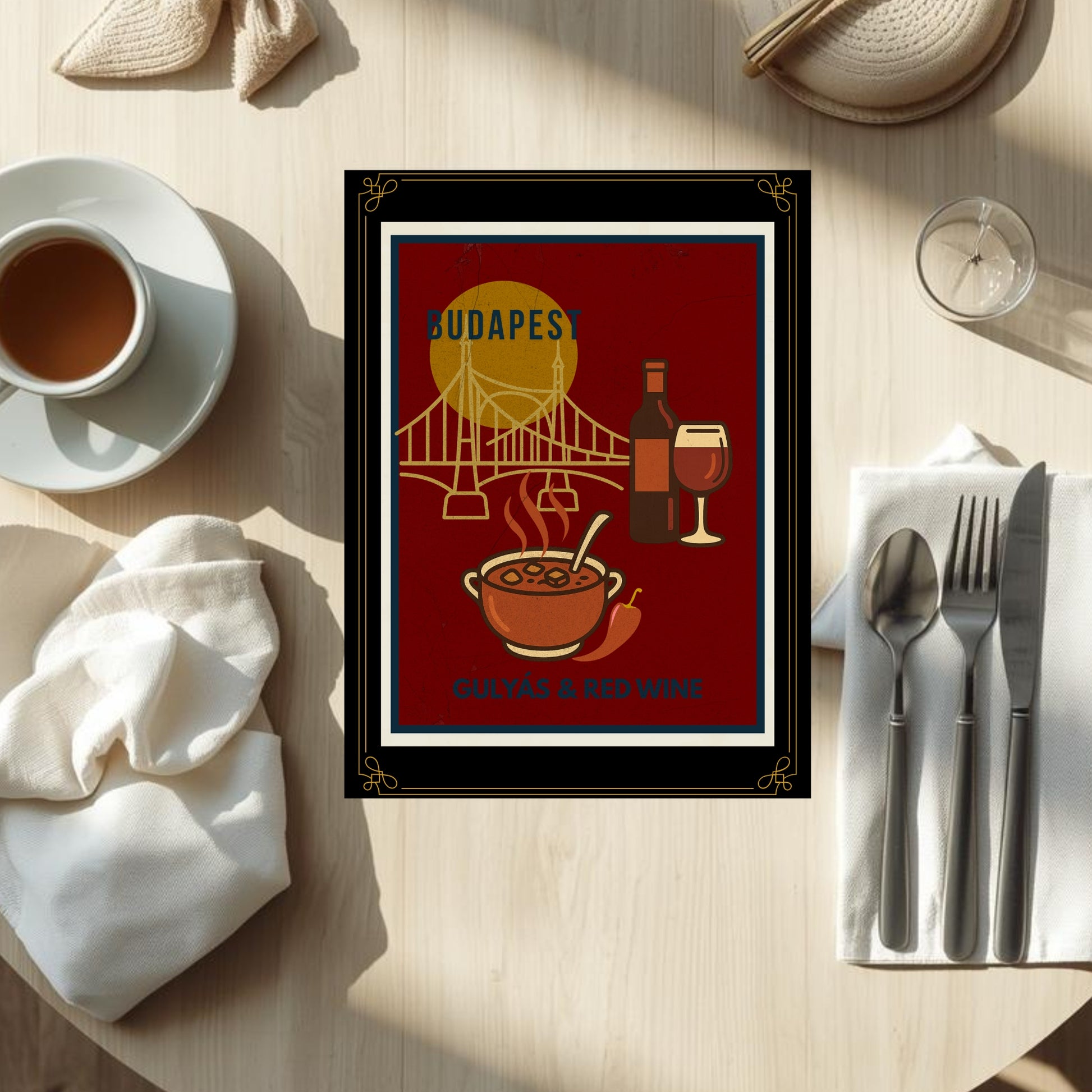 Budapest-inspired food poster with goulash and red wine illustration, styled as a flat lay on a light wooden table with coffee and tableware, capturing a calm Hungarian dining ritual.