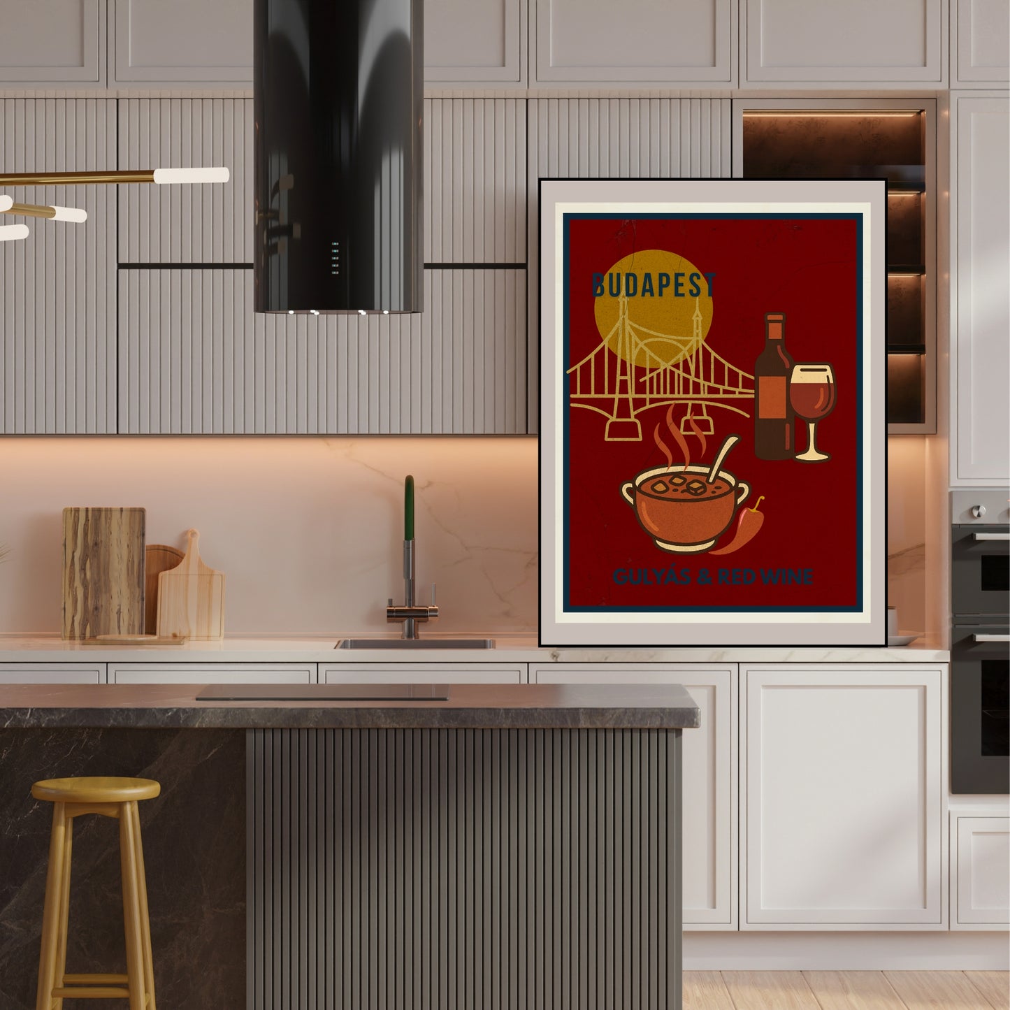 Hungarian kitchen wall art poster inspired by Budapest, showing goulash and red wine illustration in a modern, bright kitchen interior with clean lines and natural light.