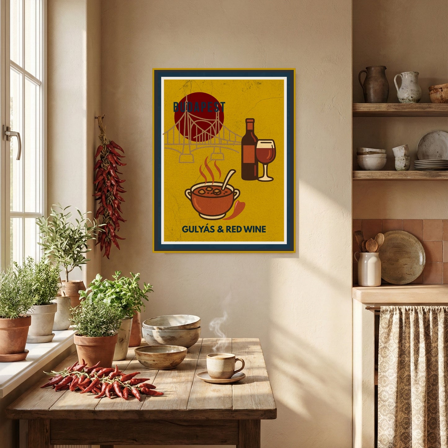 Hungarian kitchen wall art poster inspired by Budapest, showing goulash and red wine illustration in a cozy home kitchen with natural light and rustic decor.