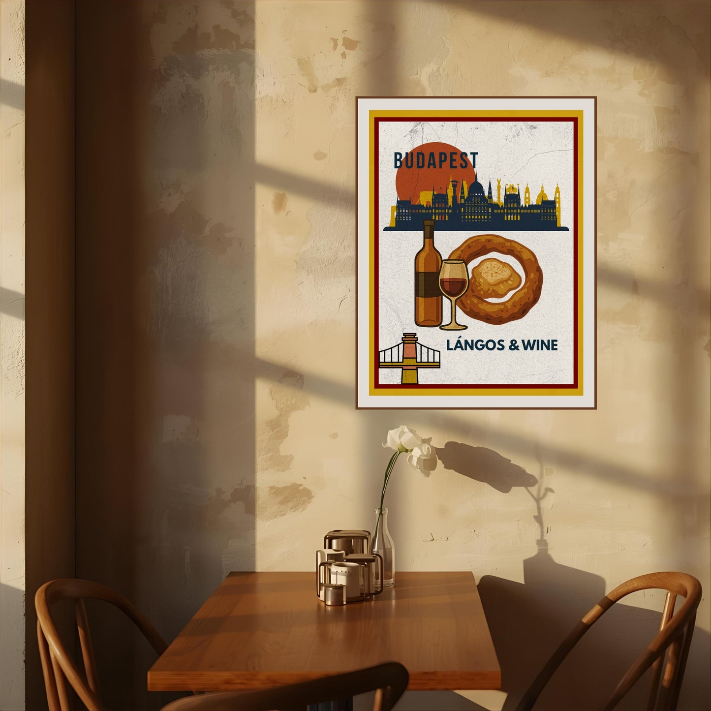 Budapest Lángos & Wine beige poster displayed on a café-style wall above a small table, styled in warm afternoon light