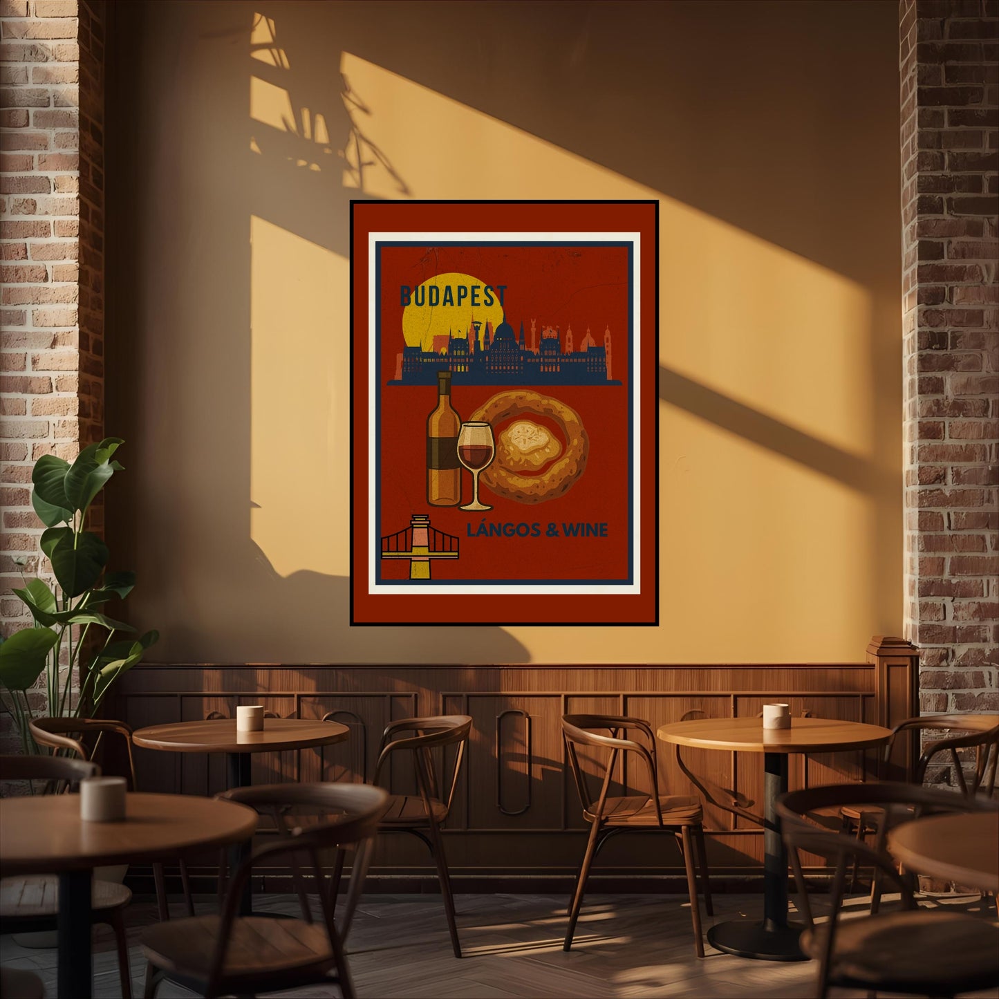 Budapest Langos & Wine poster displayed in a cozy bistro interior with warm afternoon light, showcasing Hungarian street food inspired wall art.