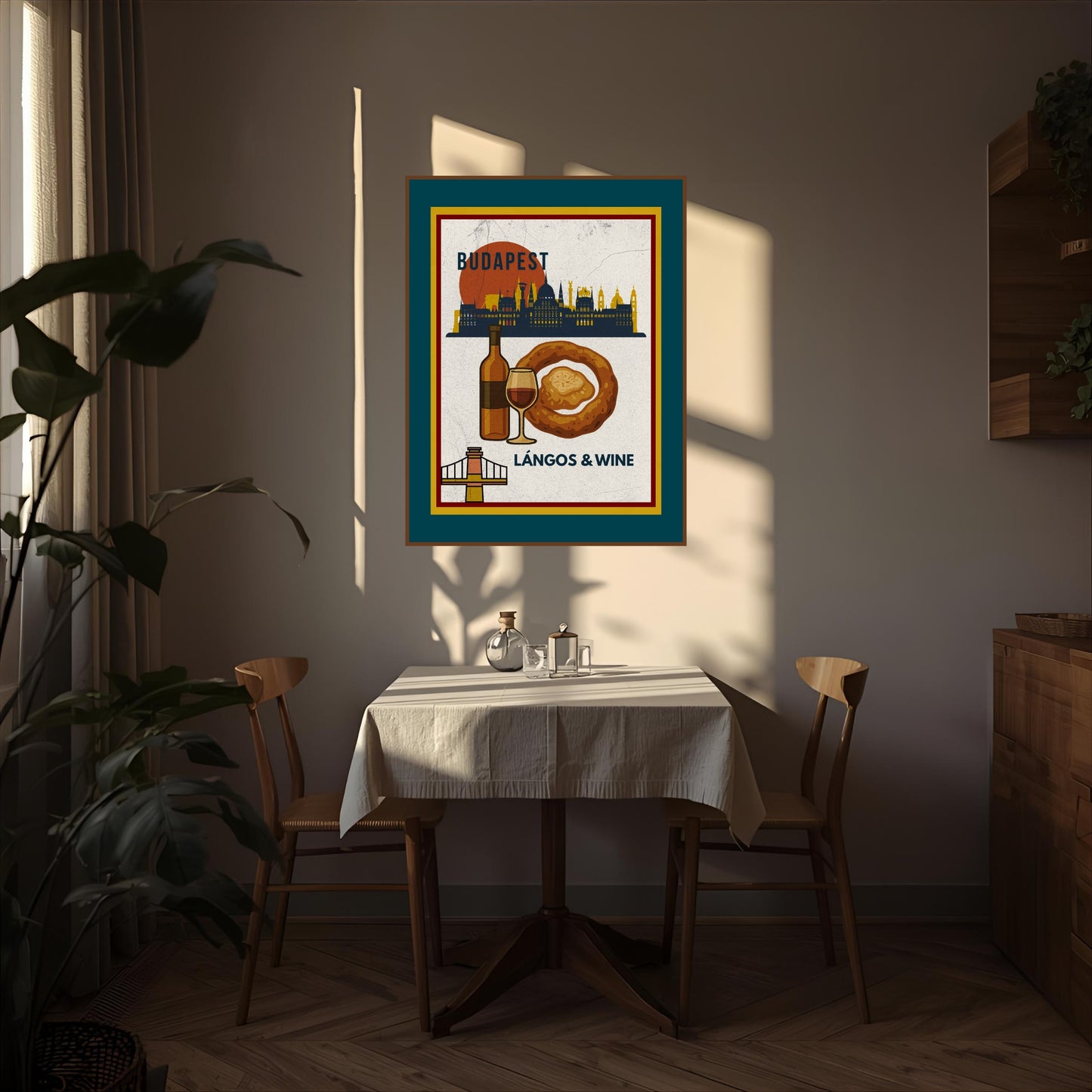 Budapest Lángos & Wine beige poster displayed on a dining room wall in a calm, minimalist interior with soft natural light