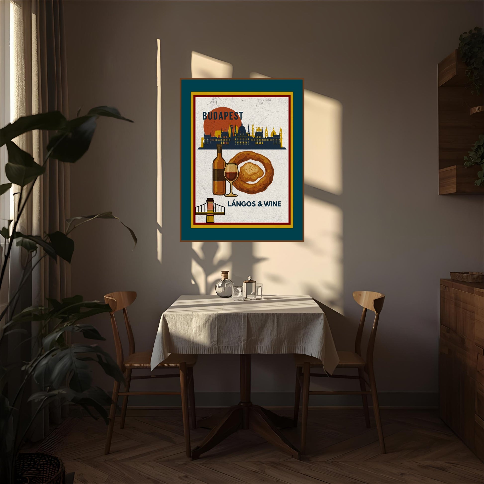 Budapest Lángos & Wine beige poster displayed on a dining room wall in a calm, minimalist interior with soft natural light