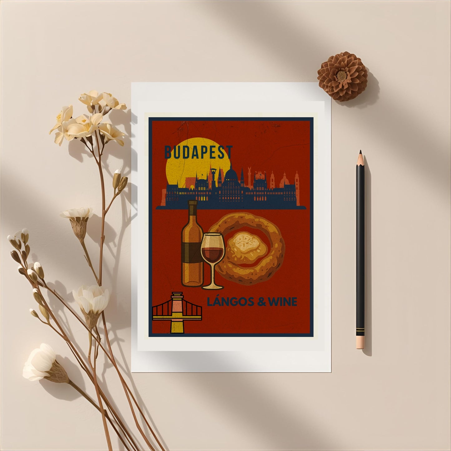 Flat lay of the Budapest Langos & Wine art print on a wooden surface, featuring a vintage-style illustration of Hungarian food and wine.
