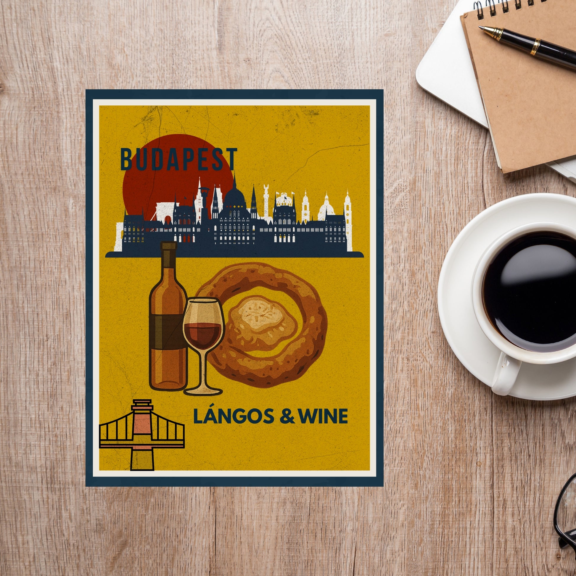 Budapest Lángos & Wine digital poster shown in a flatlay mockup on a wooden table with coffee and notebook.