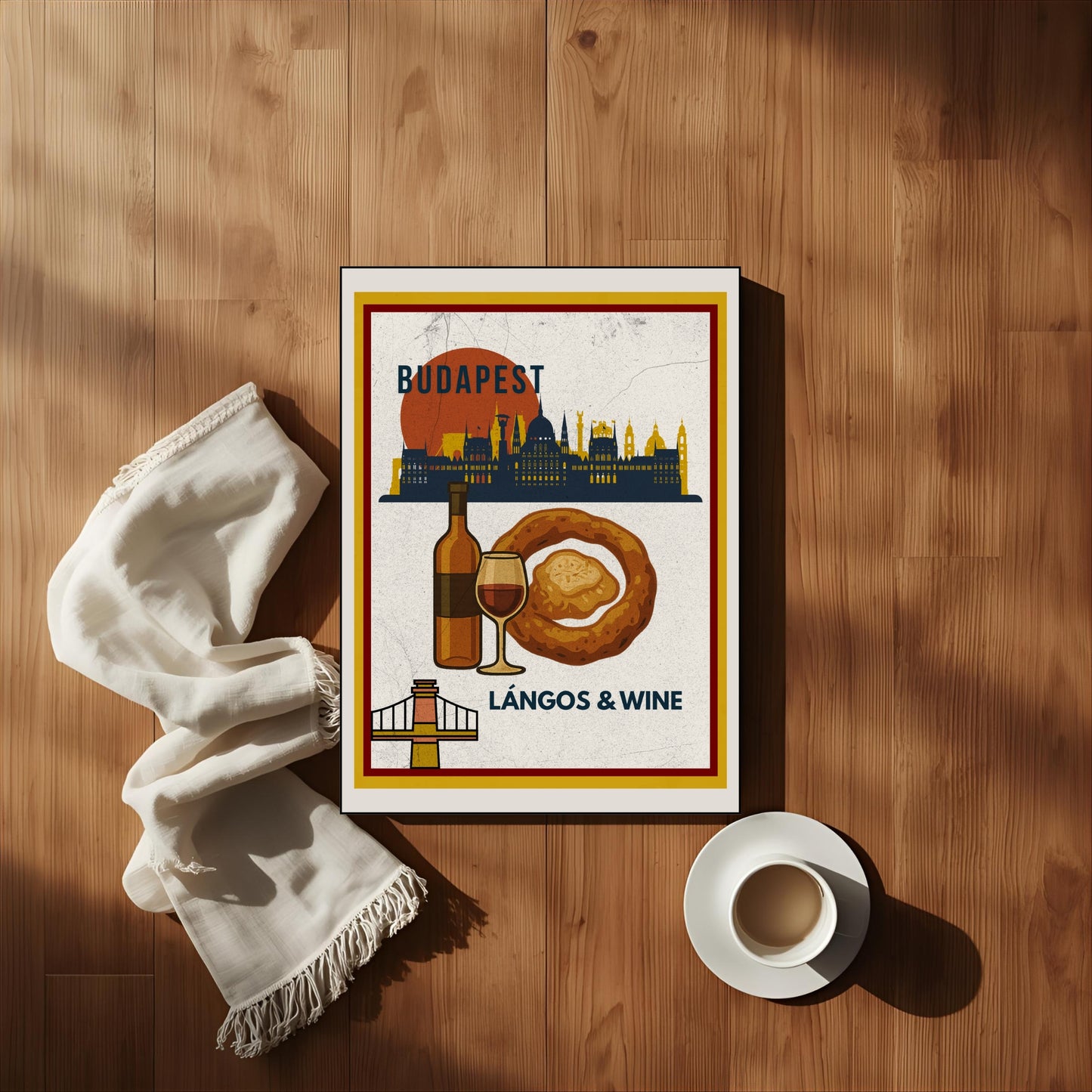 Budapest Lángos & Wine beige digital poster shown as a flatlay on a wooden surface with coffee cup and linen cloth