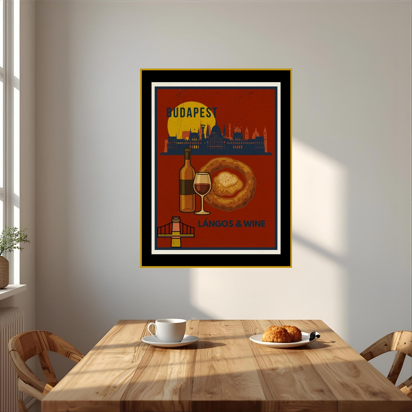 Budapest Langos & Wine wall art hanging in a bright kitchen interior, adding warm urban gastro atmosphere to a modern dining space.