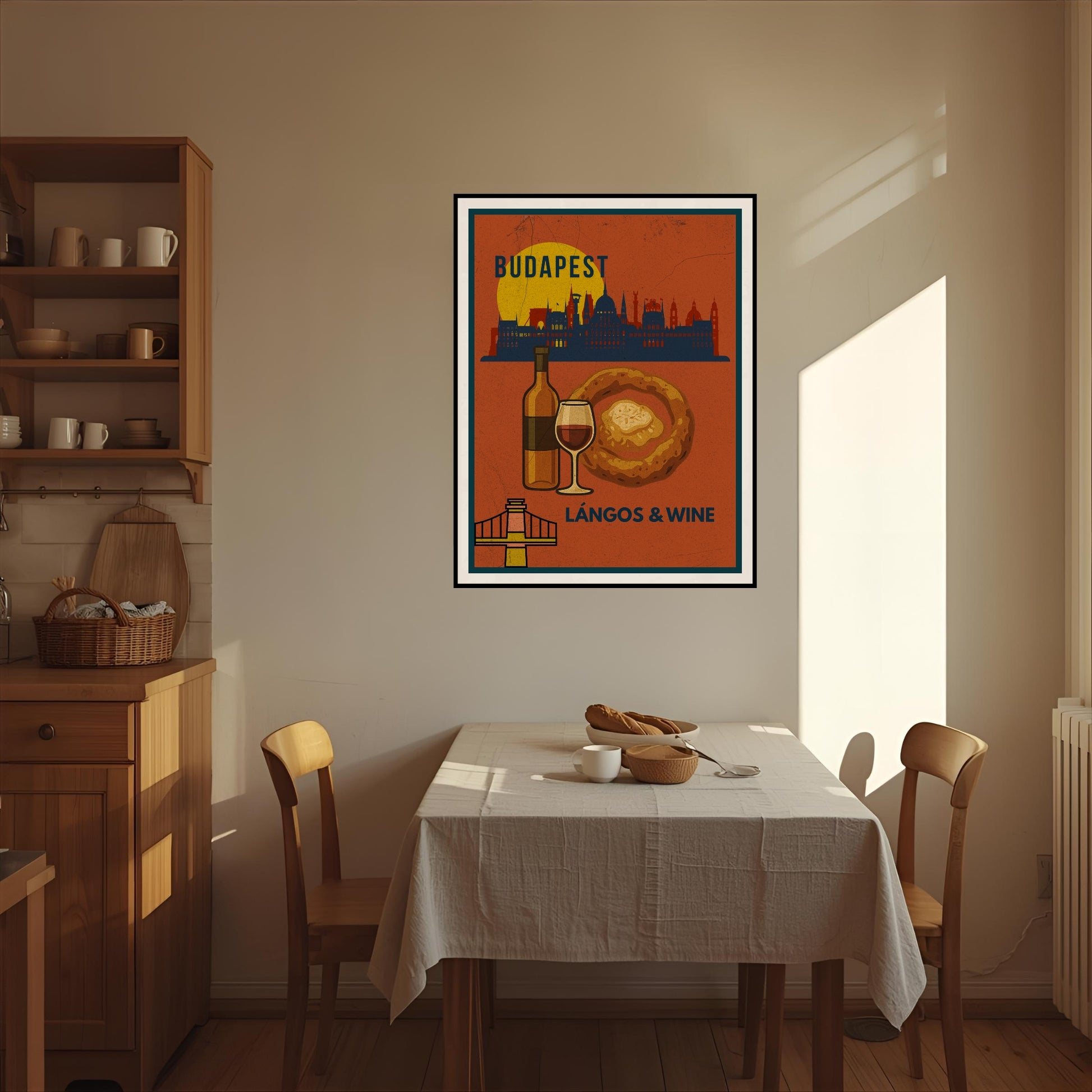 Budapest Lángos & Wine brown poster displayed on a dining room wall above a small table, styled in a warm and cozy home interior