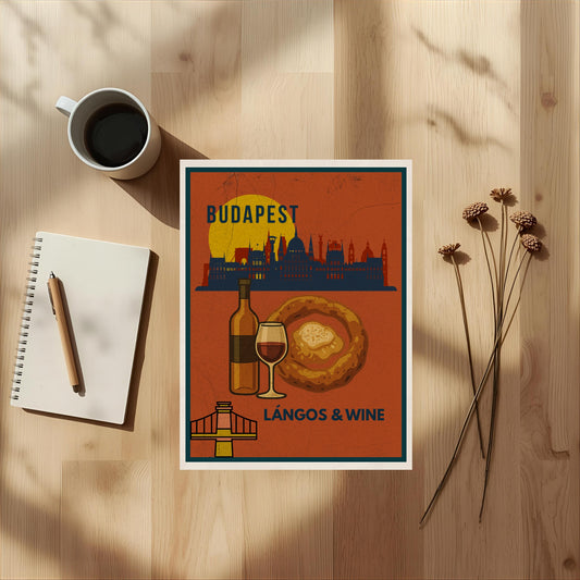Budapest Lángos & Wine brown digital poster shown as a flatlay on a wooden table with coffee and notebook, highlighting the print design