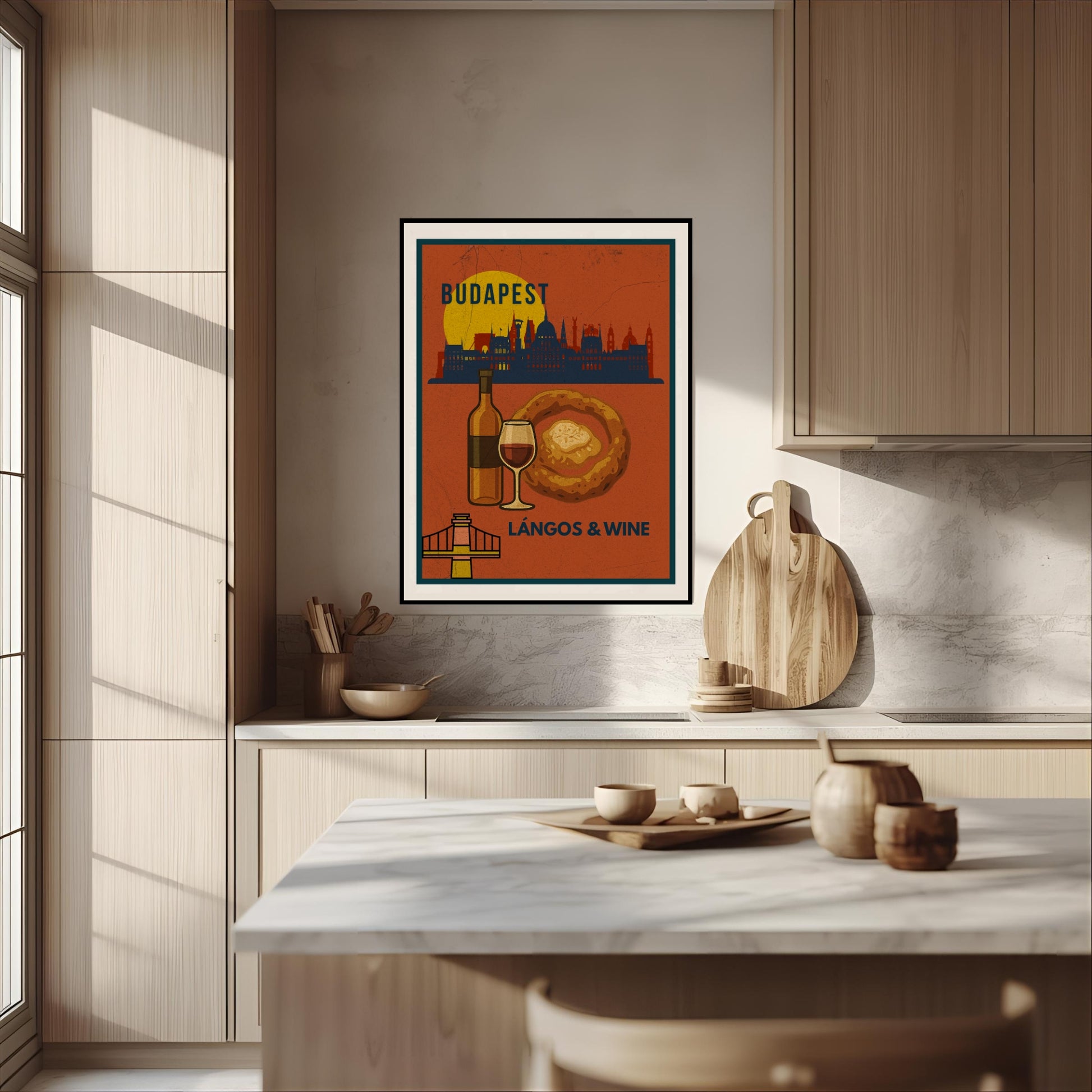 Budapest Lángos & Wine brown poster displayed on a kitchen wall in a modern, light-filled interior with natural wood elements