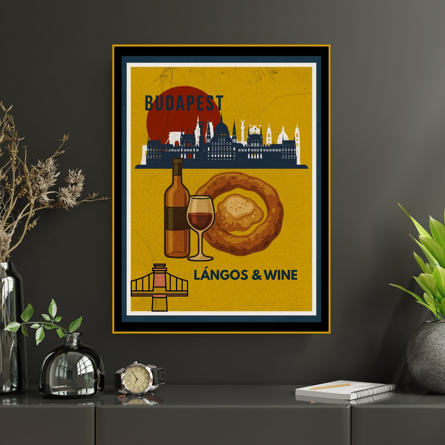 Budapest Lángos & Wine poster framed on a modern living room wall as stylish Hungarian-inspired wall decor.