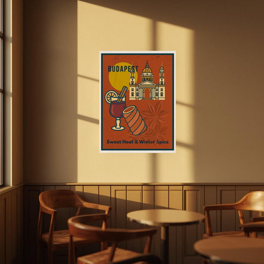 Framed “Sweet Heat & Winter Spice” Budapest poster displayed in a cozy café interior with warm sunlight and wooden furniture.