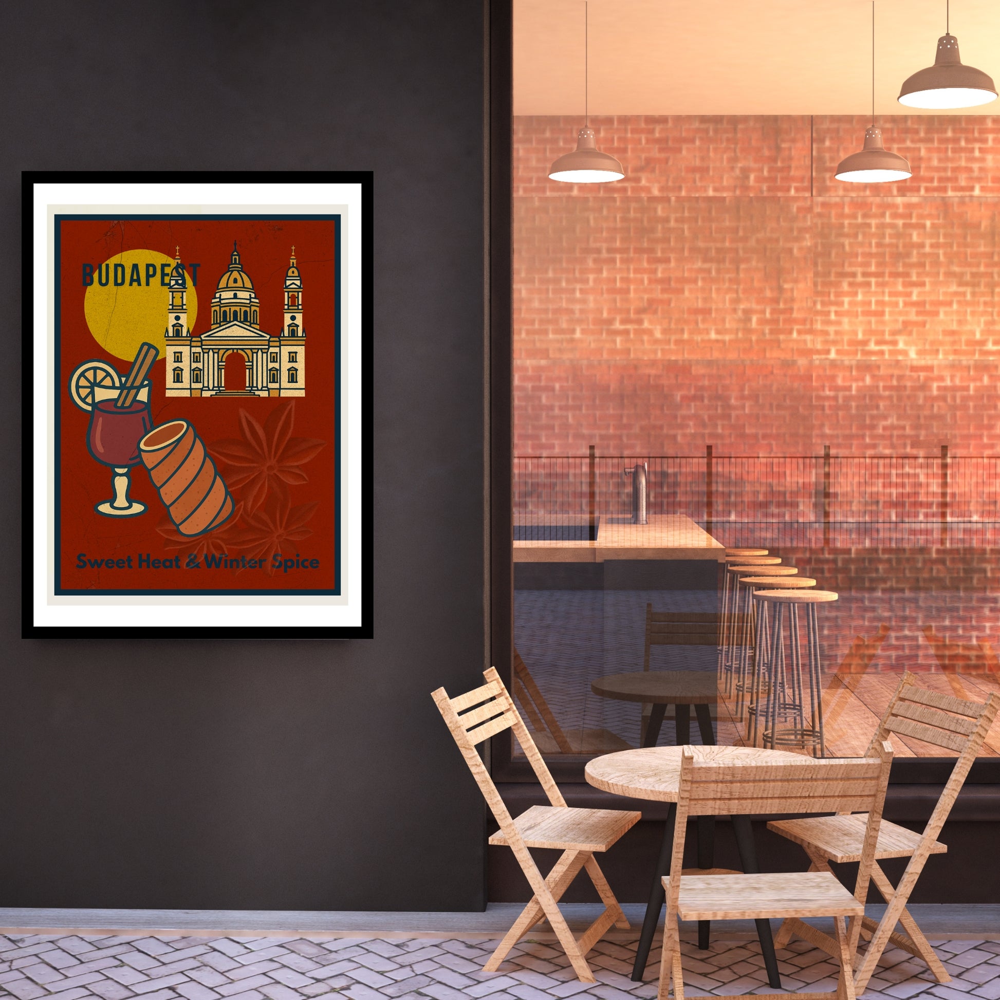 Budapest Sweet Heat & Winter Spice poster displayed on a café wall, featuring St. Stephen’s Basilica, mulled wine, chimney cake and winter spices in a warm, cozy interior.