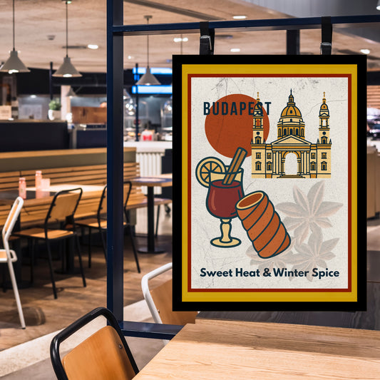 Budapest Sweet Heat & Winter Spice digital poster displayed in a modern café interior, featuring St. Stephen’s Basilica with mulled wine and chimney cake illustration in warm vintage colors.