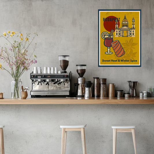 Budapest Sweet Heat & Winter Spice digital poster displayed in a modern café interior, featuring Hungarian winter drink, chimney cake and St. Stephen’s Basilica illustration