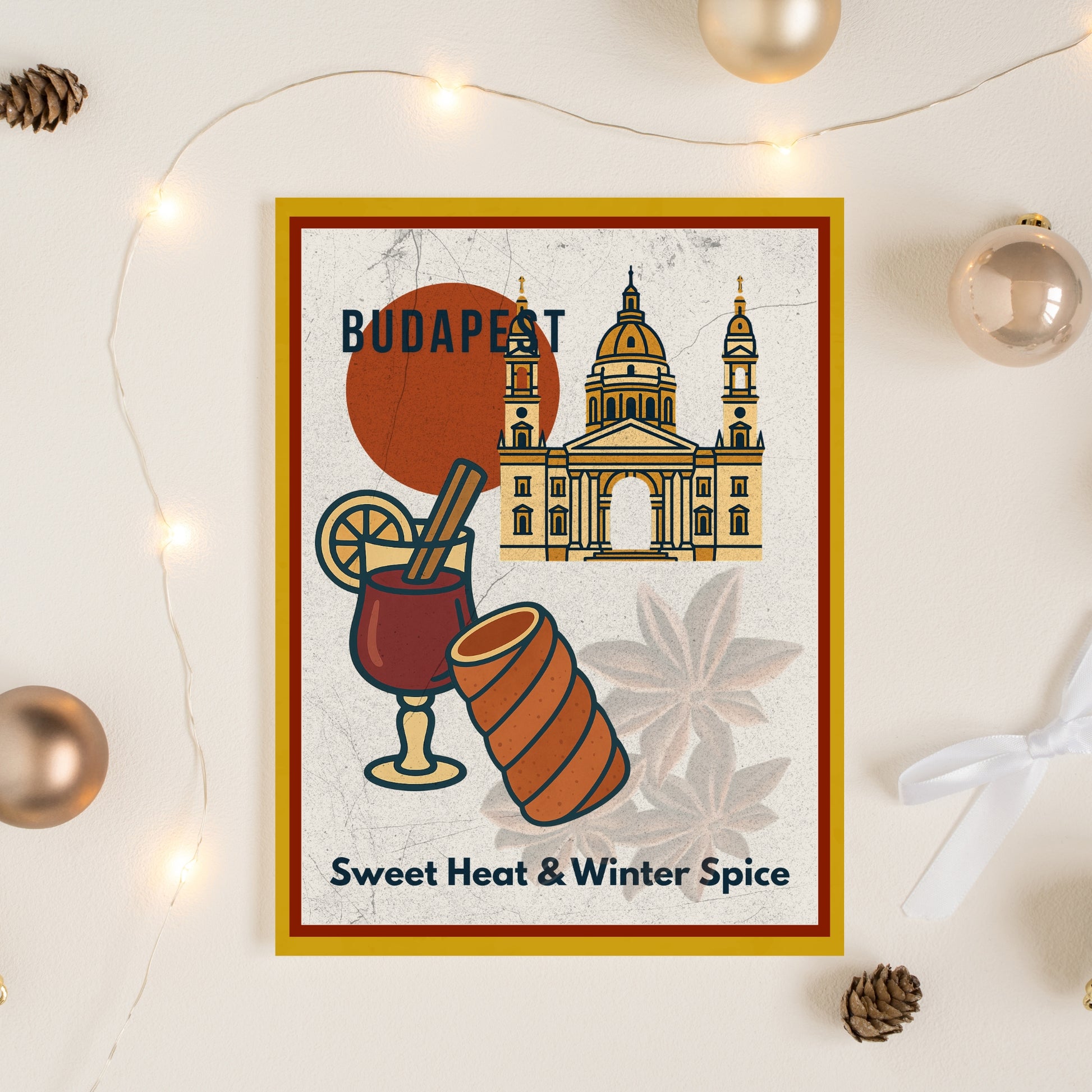Flat lay mockup of the Budapest Sweet Heat & Winter Spice digital poster on a table with cozy winter decor, emphasizing texture, print quality, and warm seasonal mood.