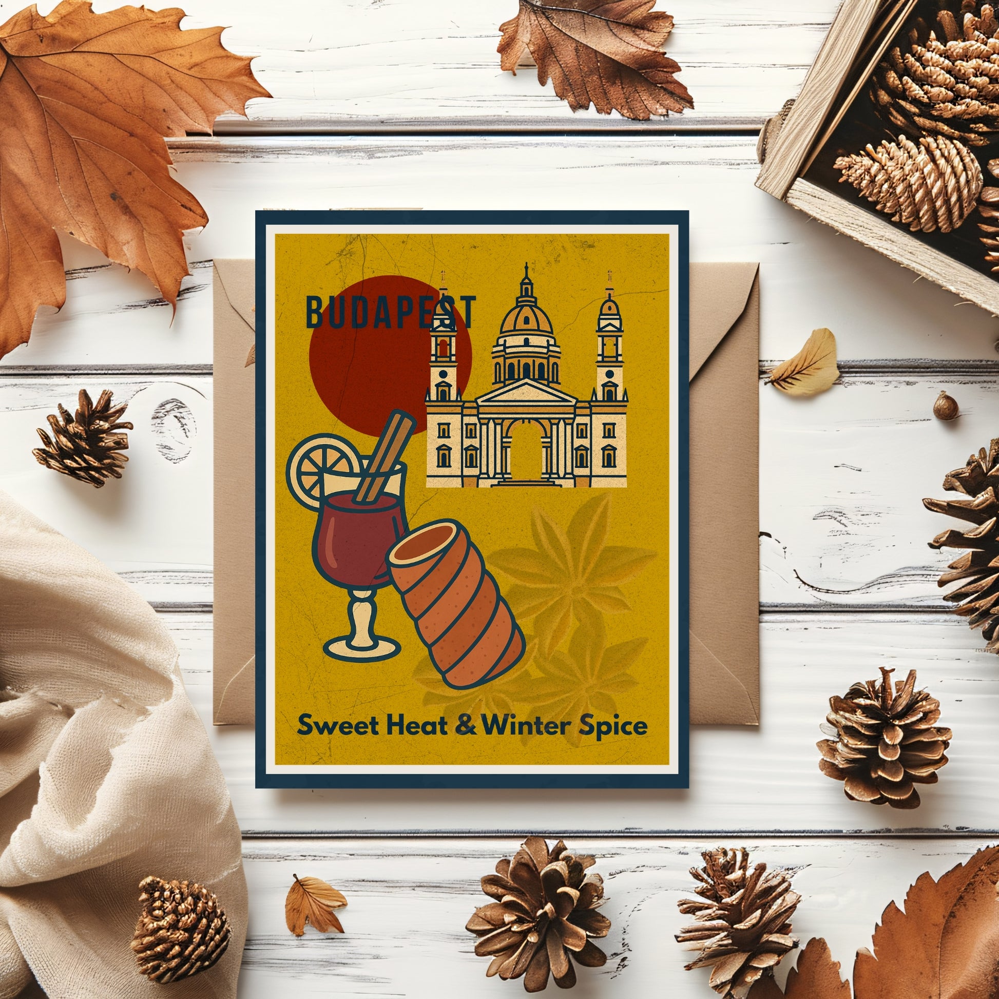 Autumn flat lay with Budapest Sweet Heat & Winter Spice printable wall art, surrounded by pinecones, leaves and cozy seasonal decor