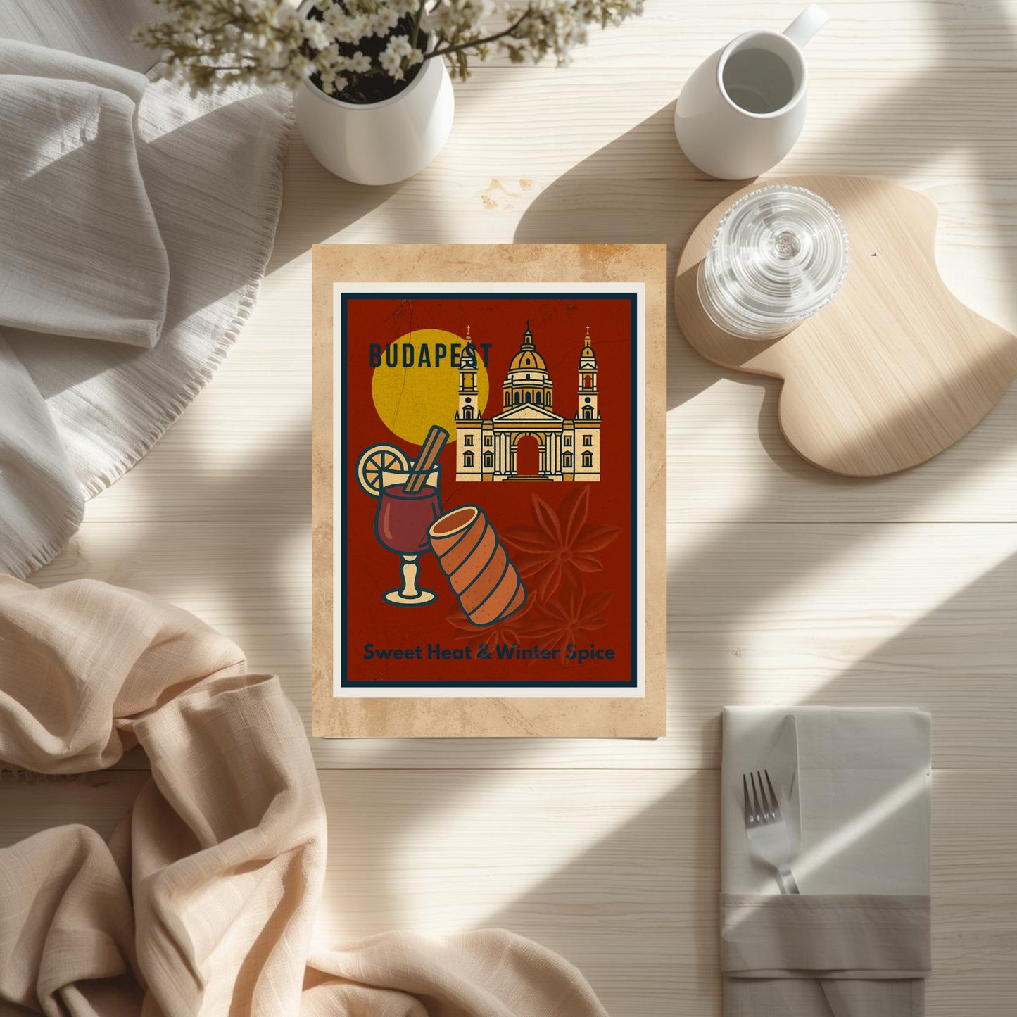 Flat lay mockup of the Budapest Sweet Heat & Winter Spice art print with autumn decor, showing a downloadable vintage-style travel and food illustration.