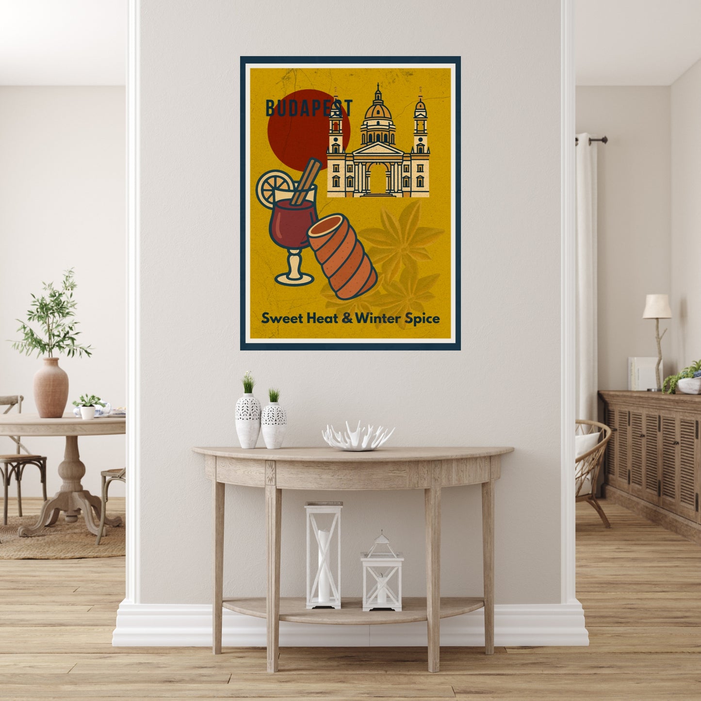 Budapest Sweet Heat & Winter Spice wall art mockup in a bright home interior, showing printable poster as modern living room decor