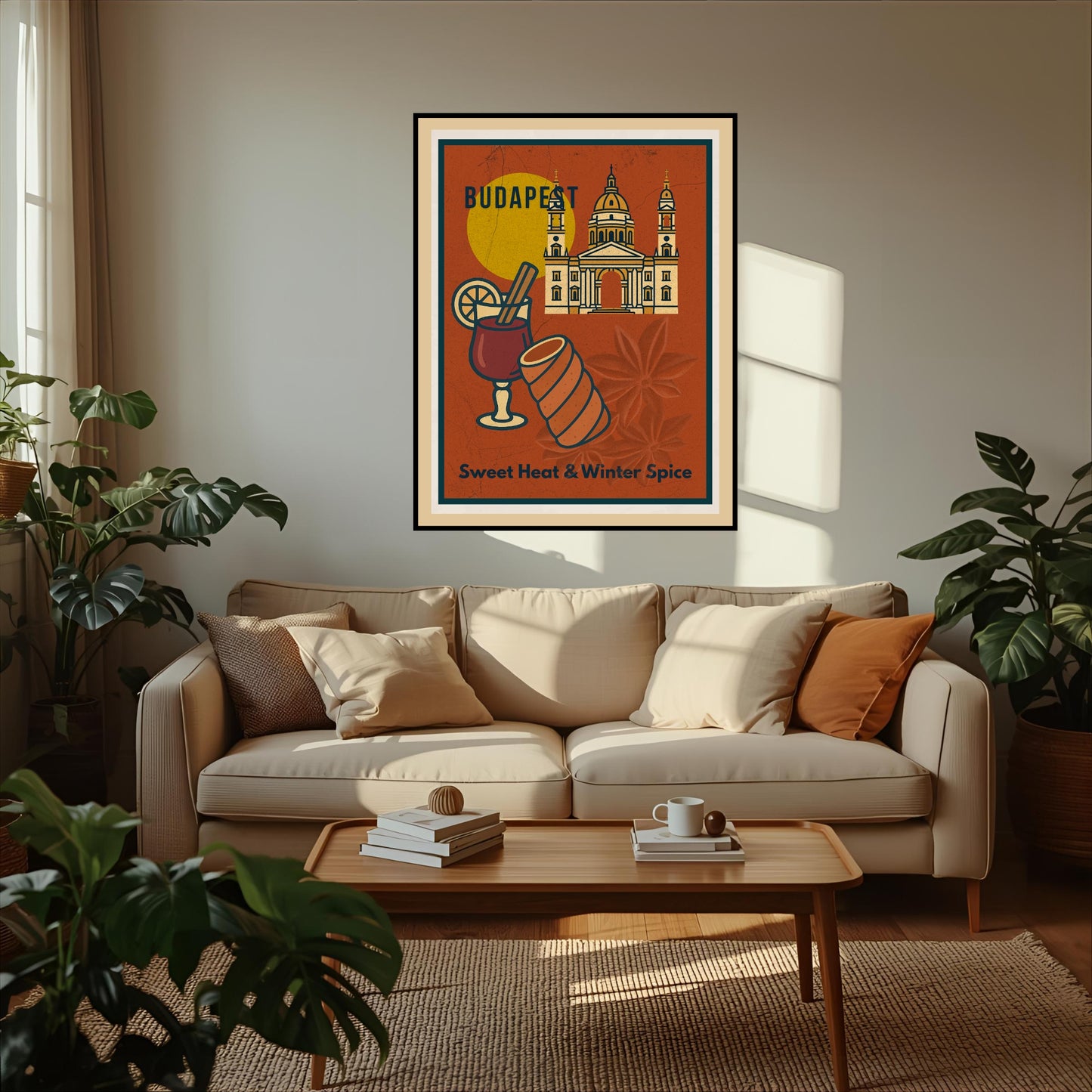 “Sweet Heat & Winter Spice” Budapest wall art framed above a sofa in a bright, modern living room interior.