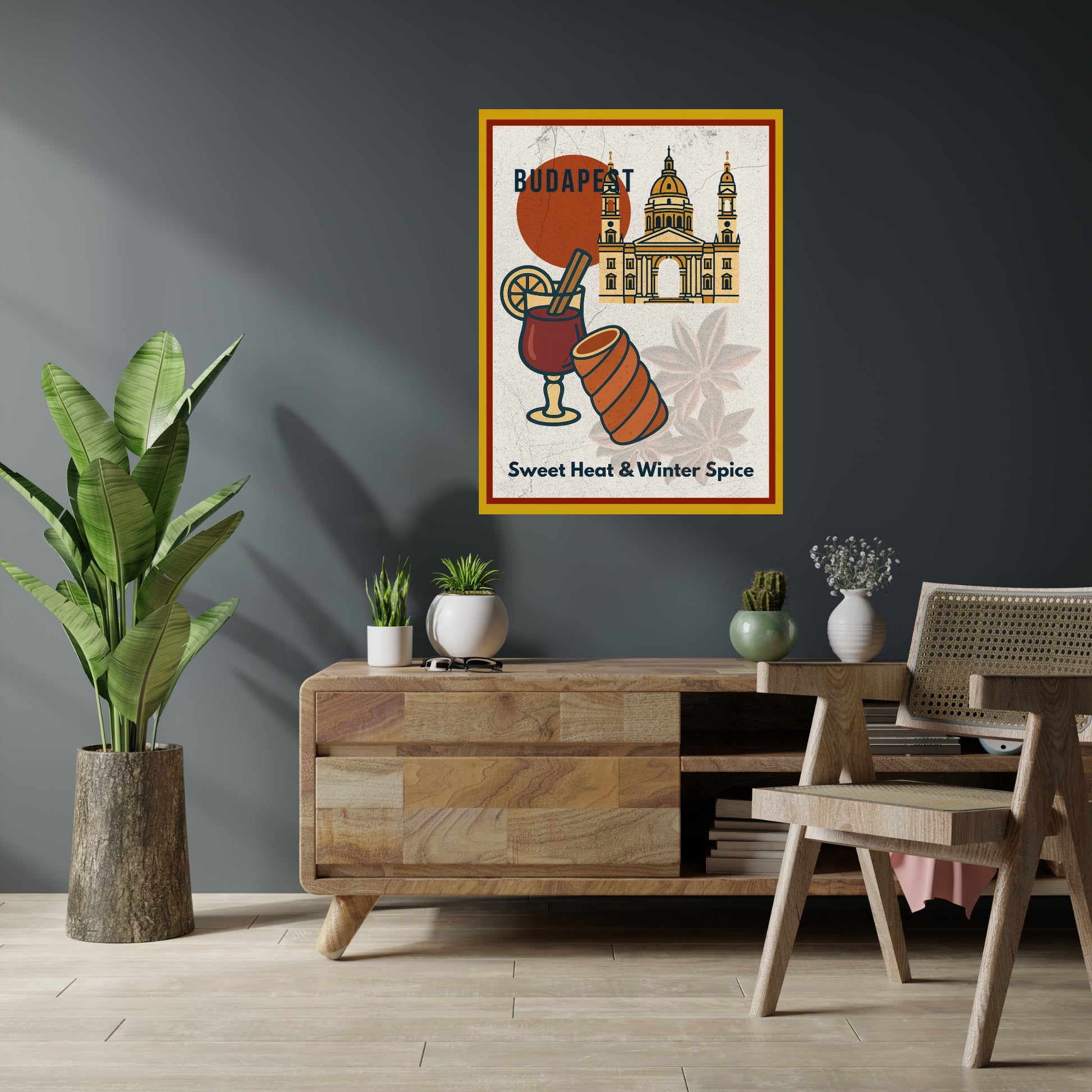 Budapest Sweet Heat & Winter Spice printable wall art shown in a bright, minimalist living room, highlighting the warm color palette and vintage Budapest illustration.