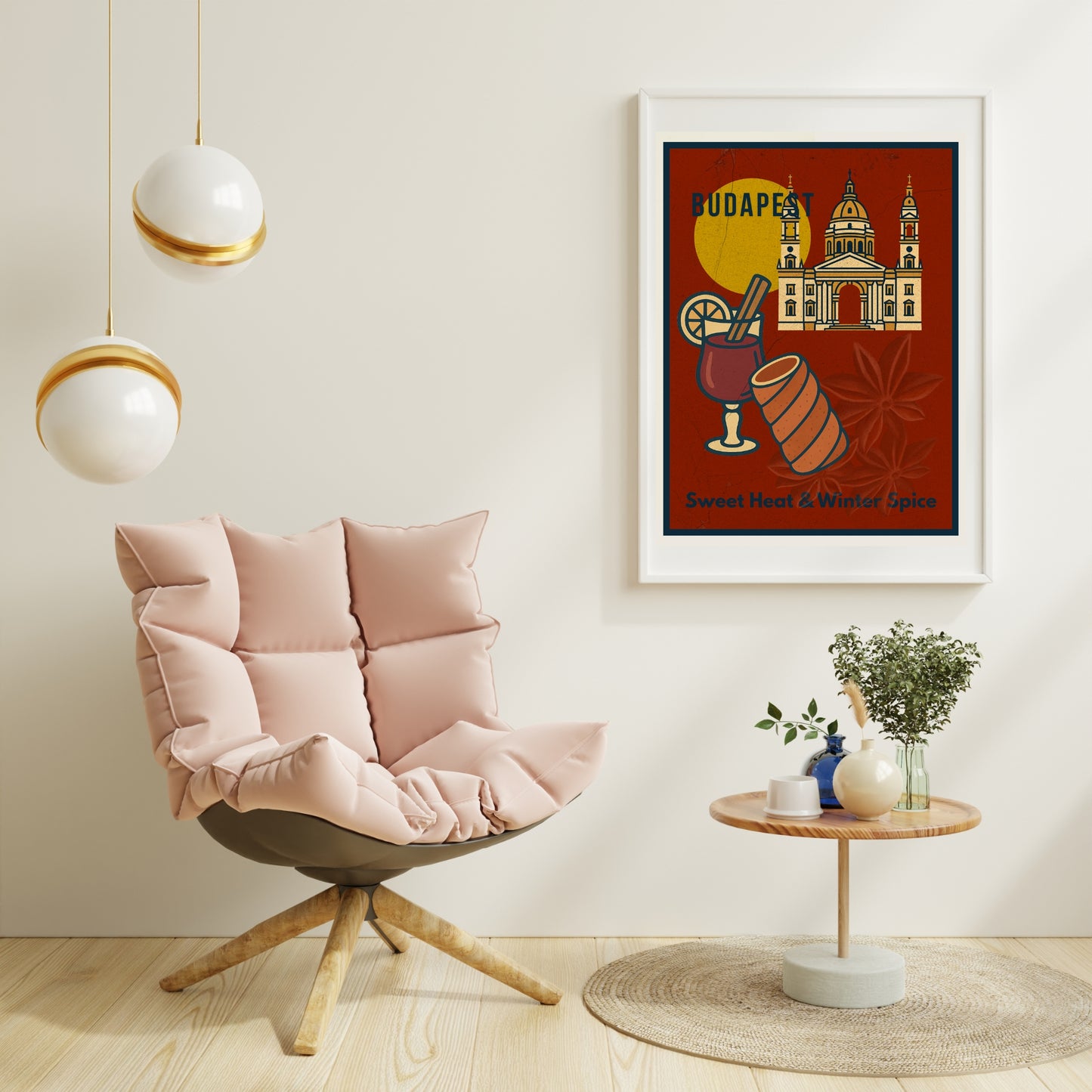 Budapest Sweet Heat & Winter Spice wall art displayed in a modern living room, showcasing a warm retro illustration inspired by Hungarian winter flavors.