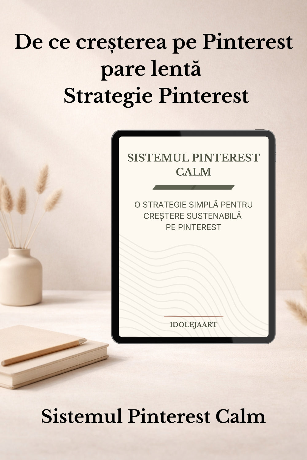 Sistemul Pinterest Calm ebook mockup – strategie Pinterest pentru creatori